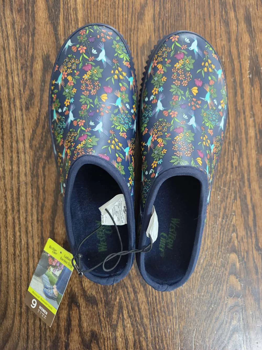 Western Chief Navy Floral 'Hummingbird' Rain Clogs with Multicolor Bird Print